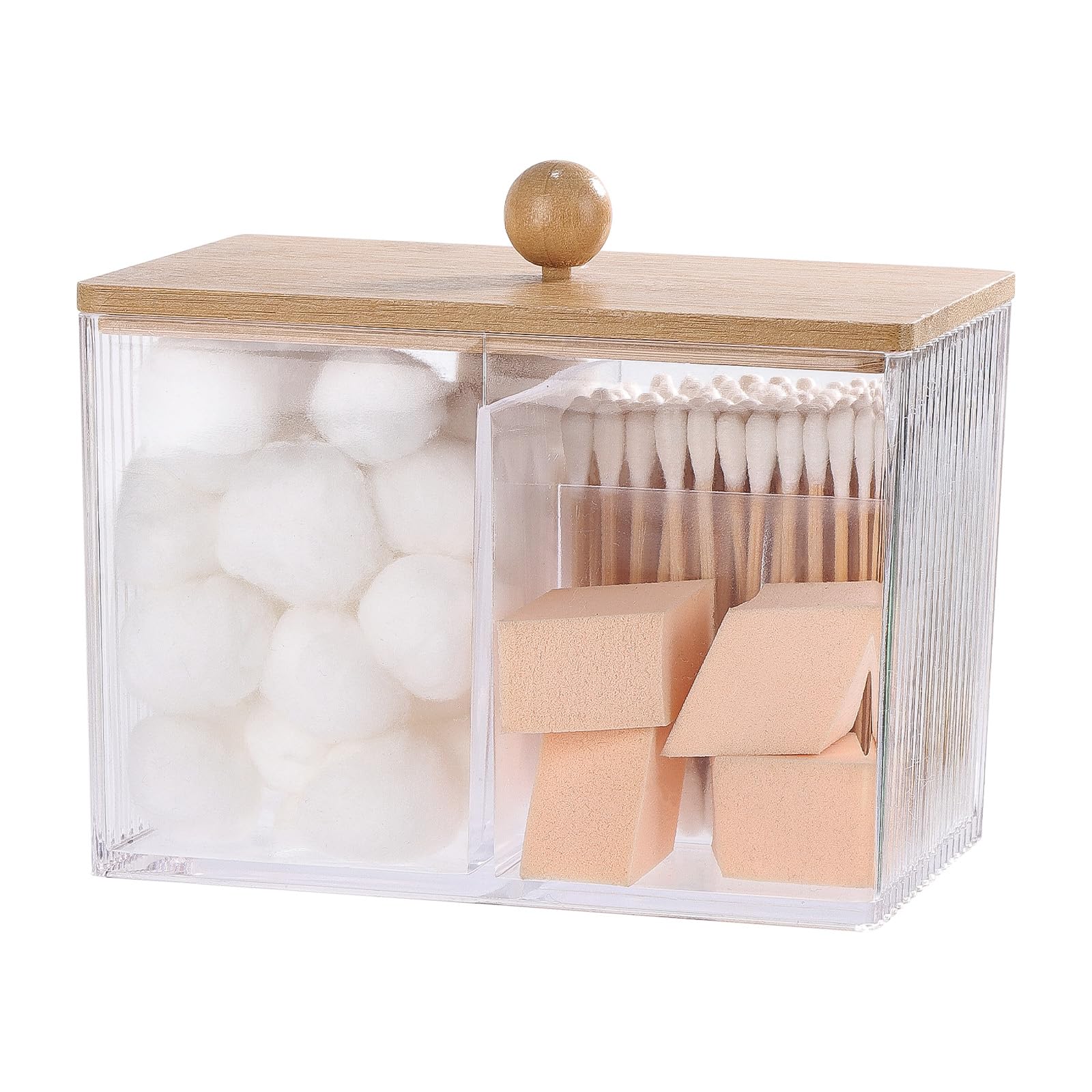 Ohlove Qtip Holder with Bamboo Lids, 3 Compartments Cotton Ball/Swabs Dispenser, Apothecary Jar Clear Plastic Bathroom Container for Storage and Organizer