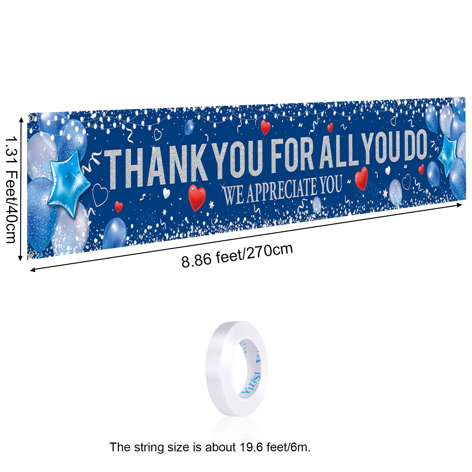 HOWAF Thank You for All You Do Fence Banner Party Decorations, Employee Appreciation Yard Sign Banner for Staff Teachers Doctors Appreciation Party, We Appreciate You Yard Banner, Blue Silver