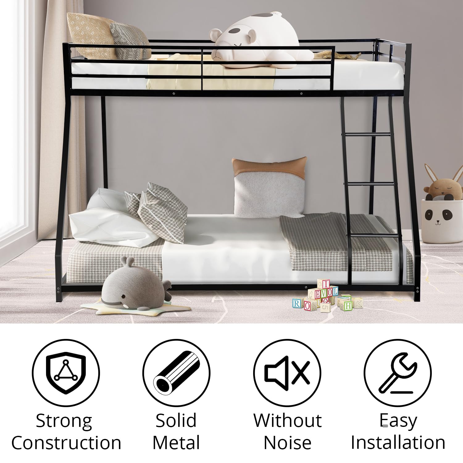 Twin Over Full Size Bunk Bed, Heavy Duty Metal Bunk Bed Frame with Inclined Ladder, Low Floor Bunk Bed for Teens Adults Dorm Bedroom Guest Room, Space Saving & Noise Free, No Box Spring Needed, Black