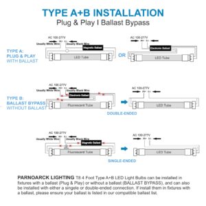 PARNOARCK Fluorescent Light Bulbs 48 inch T8 LED Bulbs 4 Foot Type A+B,24W 3200LM 6500K Clear Cover Super Bright,Single and Double End Powered,T8 T10 T12 Fluorescent Bulbs Replacemen(4-Pack)