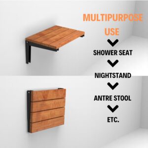 Folding Natural Color Solid Teak Wood Shower Seat, Foldable Shower Bench, Wall Mounted Folding Wooden Shower Stool, Inside Shower Handmade Fold Down Bath Seat