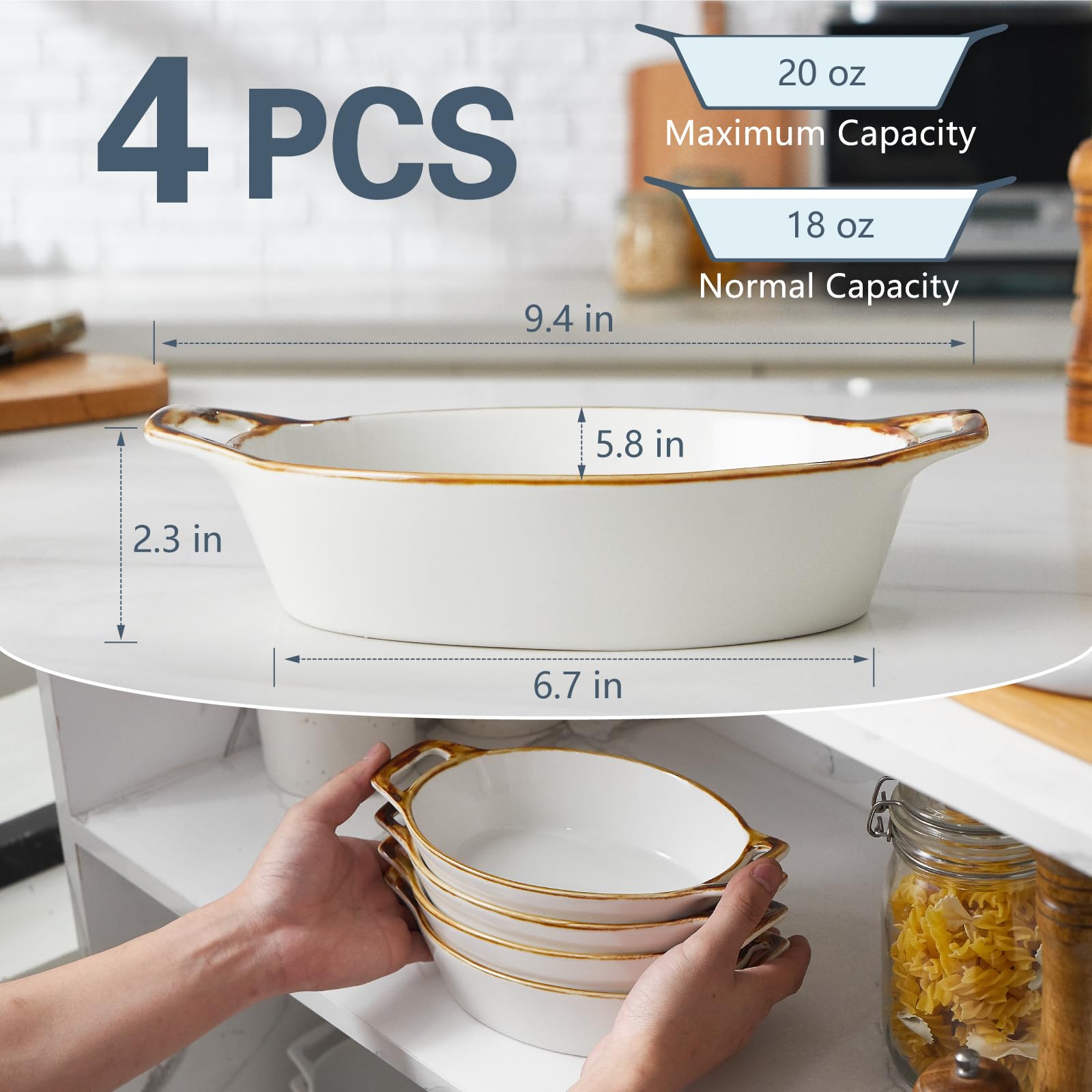 ONEMORE Au Gratin Baking Dish, 20 oz Individual Casserole Dishes Oven Safe 6x8 Oval Ceramic Small Baking Dish with Handles for Pies & Meals, Set of 4 Brown Rim Gratin Dish for Cooking & Small Serving