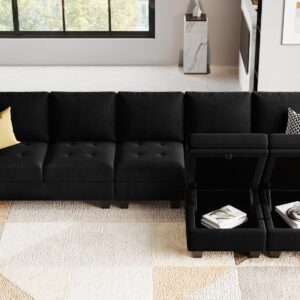 Belffin Large Velvet L Shaped Sectional Sofa Couch with Reversible Double Chaises Modular Sectional Sofa Couch with Storage Ottomans Convertible Sectional Sofa Black