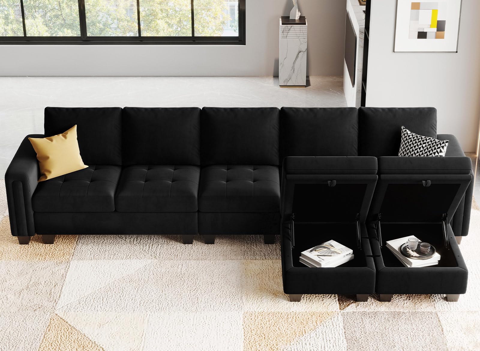 Belffin Large Velvet L Shaped Sectional Sofa Couch with Reversible Double Chaises Modular Sectional Sofa Couch with Storage Ottomans Convertible Sectional Sofa Black