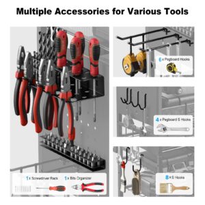 JUNNUJ Power Tool Organizer Floor Stand with Charging Station, Garage Adjustable Storage Rack Utility Tool Shelf with 8 Outlet Power Strip, Heavy Duty Drill and Battery Holder, Black