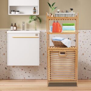 DOONARCES 4-Tier Bamboo Laundry Hamper Tilt Out, Laundry Basket with Shelves &Handle Shower Caddy Shelf Rack Bathroom Cabinet Organizer for Bedroom Laundry Room Bathroom