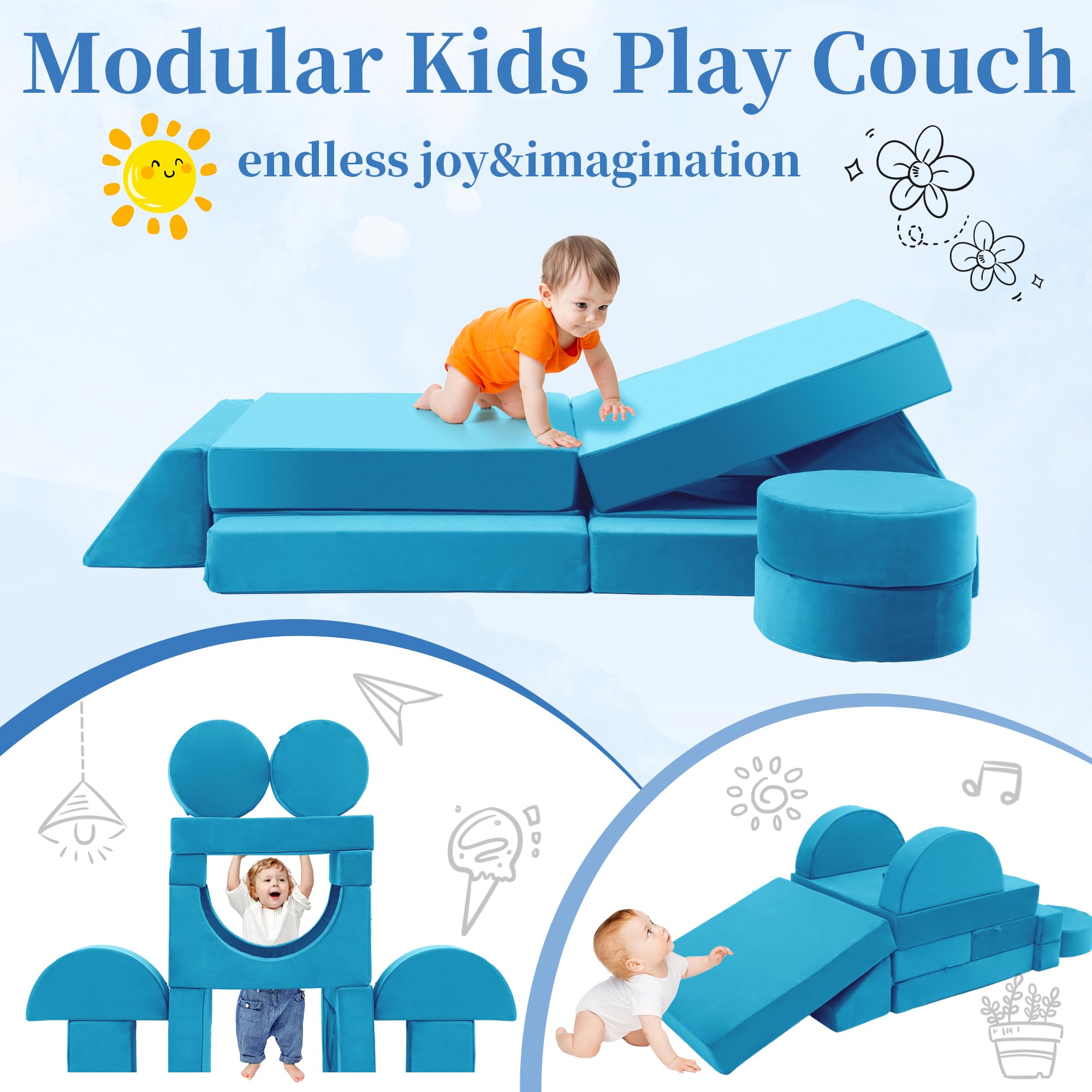 Edbuosy Toddler Couch Kids Sofa Modular - 18pcs Children Couches Building Fort, Convertible Foam Playing Cushion Creative Playroom Floor Furniture for Baby 1-3 to Teen Sofa and Play Set