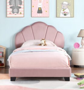 gustonhon upholstered twin size platform bed for kids,twin bed frame with slatted bed base and playful headboard for teens girls,no boxing spring needed (pink)