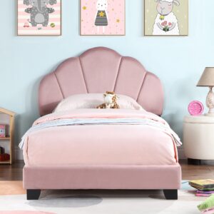 Gustonhon Upholstered Twin Size Platform Bed for Kids,Twin Bed Frame with Slatted Bed Base and Playful Headboard for Teens Girls,No Boxing Spring Needed (Pink)