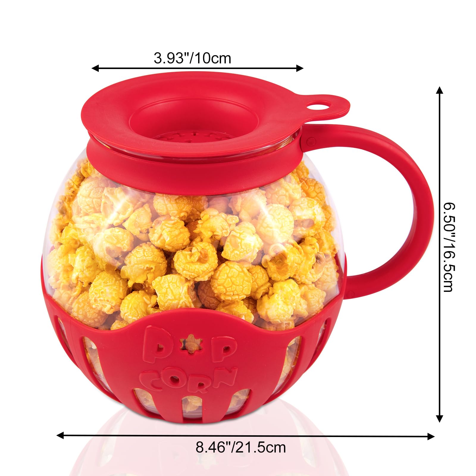 WURJEEIK Glass Microwave Popcorn Popper with 3-in-1 Multifunctional High Temperature Resistant Glass Popcorn Jar Silicone Lid for Family Party Red 1 pack