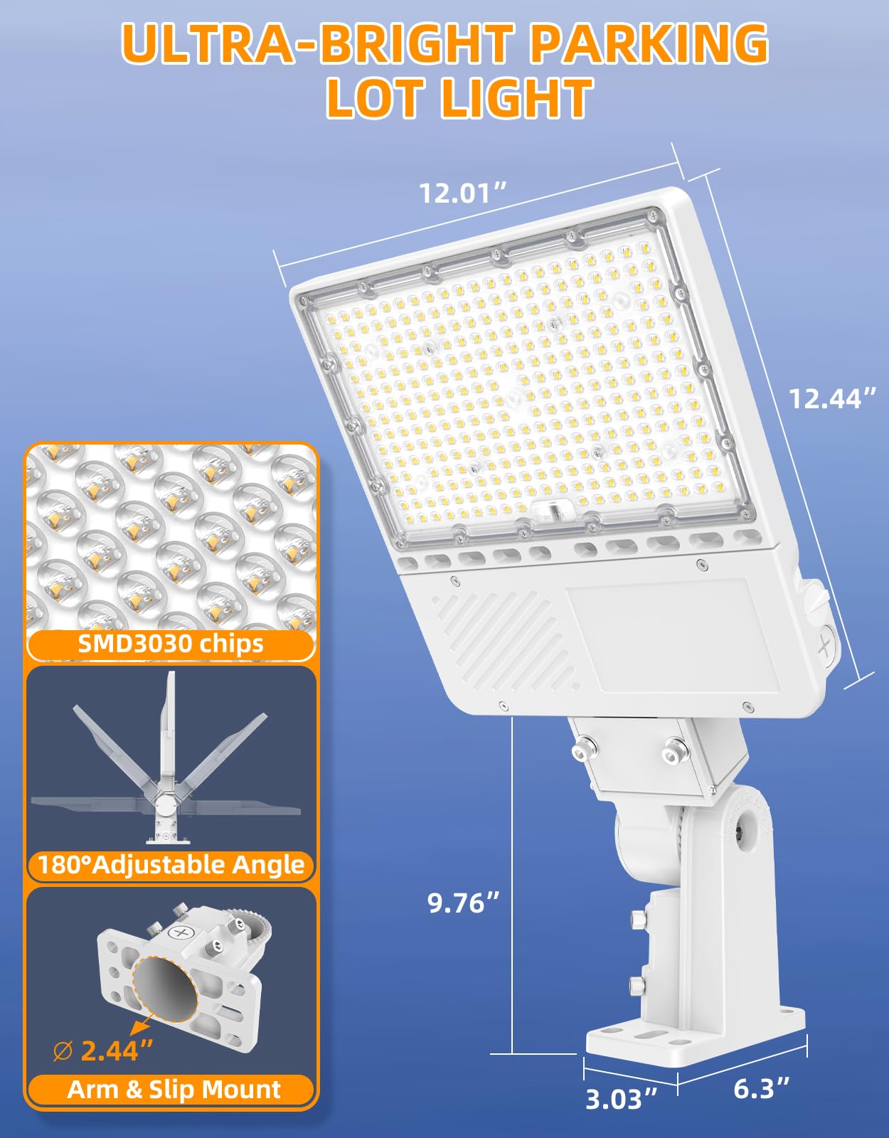 200W LED Parking-Lot-Light Arm & Slip Fitter, UL & DLC Listed 28000LM 5000K Parking Lot Light with Photocell, IP65 Commercial Street Pole Lights AC100-277V for Driveways, Roadway Lighting (White)