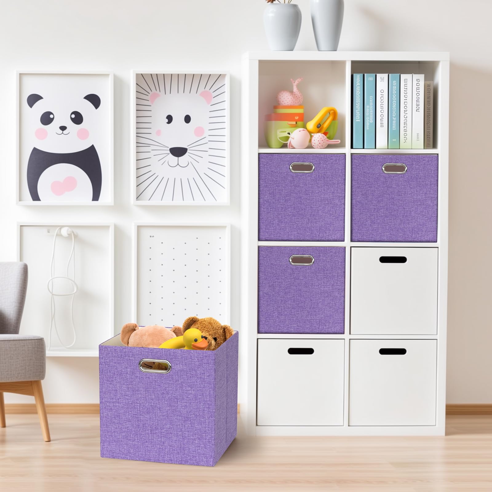 BinWhiz Set of 4 Collapsible Linen Storage Cubes - 13x13x13 Inches Fabric Bins for Kallax Shelves, Cabinet, Bookcase, Closet - Versatile Home Organizer Boxes for Decor and Laundry (Purple)