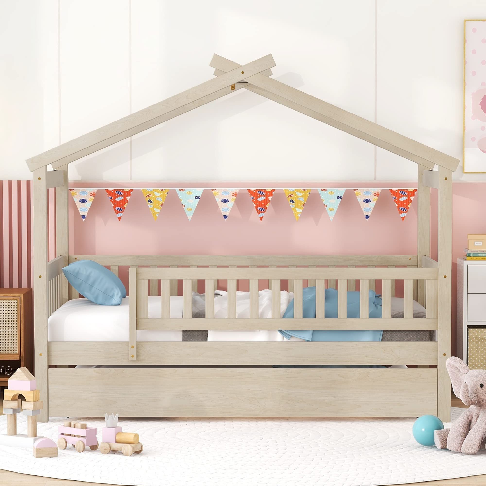 Twin Size House Bed with Trundle, Wooden Playhouse Kids Bed Frame with Roof and Fence, Montessori Style Bed with Guardrails for Kids, Teens, Boys, Girls, Natural.