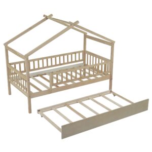 Twin Size House Bed with Trundle, Wooden Playhouse Kids Bed Frame with Roof and Fence, Montessori Style Bed with Guardrails for Kids, Teens, Boys, Girls, Natural.