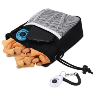 Dog Clicker Training Kit, Dog Training Treat Pouch and Dog Clickers, Dog Treat Bag with Clicker Training for Dogs, Pet Treat Bag with Waist Belt Shoulder Strap Poop Bag Dispenser - Black /w 2 Clickers