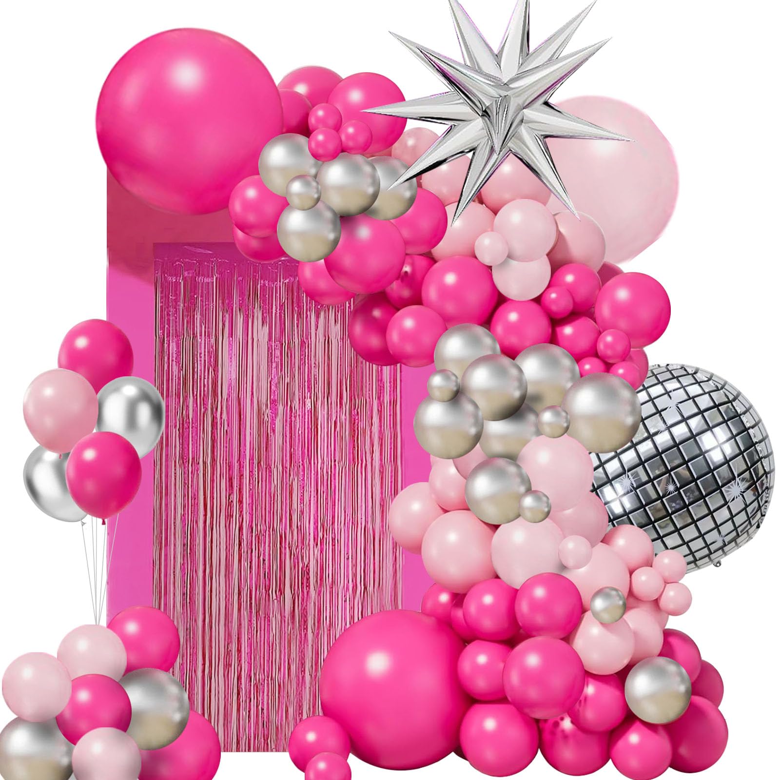 Hot Pink Balloon Garland Arch Kit,Pink silver Chrome Balloons with Silver Disco Ball Explosion Star Balloon for Girls Women Birthday Party Valentine's Day Bridal Shower Wedding Mother's Day