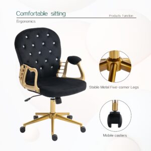 cayglow Velvet Home Office Desk Chair Comfy with Gold Base, Comfortable Swivel Makeup Chairs for Vanity with Back and Wheels, Button Tufted Armchair Rolling Chair for Girls Women Study Bedroom, Black