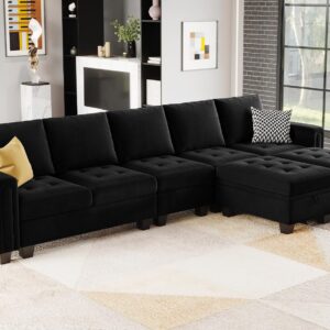 Belffin Large Velvet L Shaped Sectional Sofa Couch with Reversible Double Chaises Modular Sectional Sofa Couch with Storage Ottomans Convertible Sectional Sofa Black