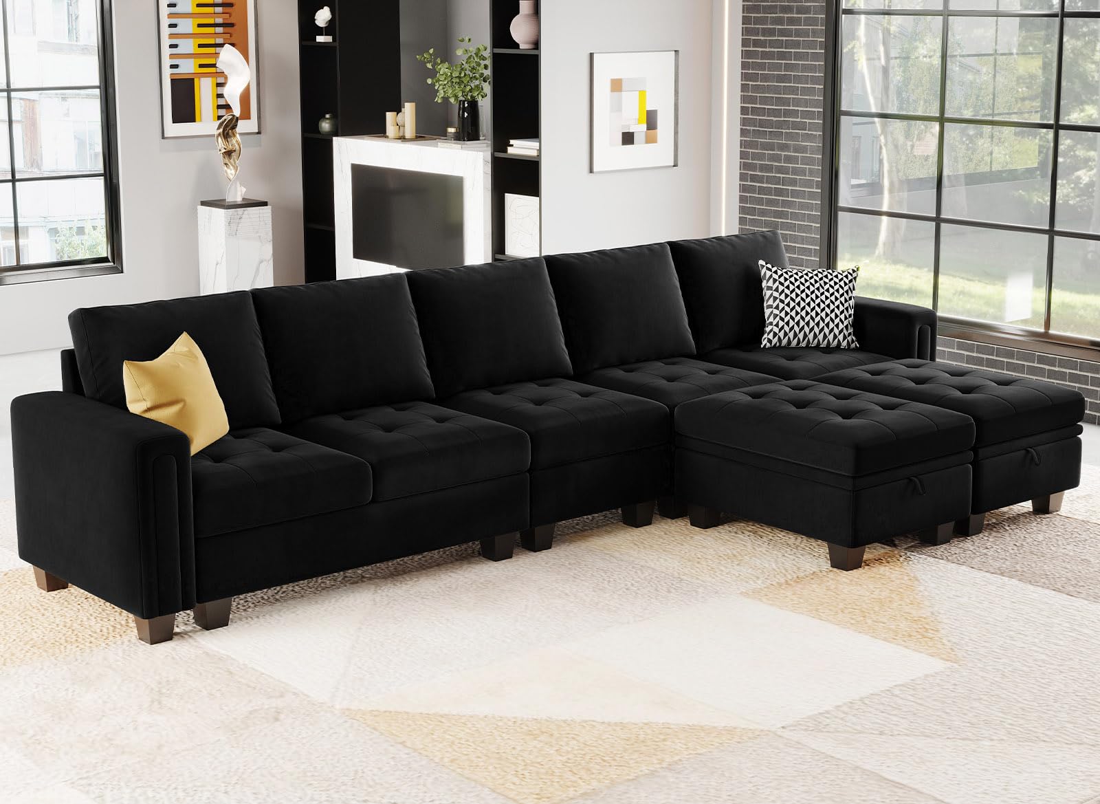 Belffin Large Velvet L Shaped Sectional Sofa Couch with Reversible Double Chaises Modular Sectional Sofa Couch with Storage Ottomans Convertible Sectional Sofa Black