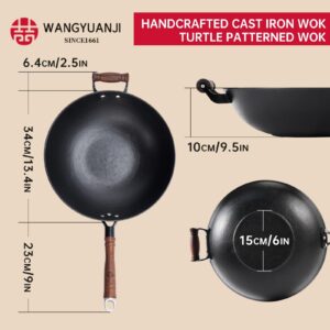 WANGYUANJI Cast Iron Wok,13.4'' Flat Bottom Wok with Glass Lid,Suitable for All Cooktops, Uncoated Craft Wok Healthy Cooking Wok