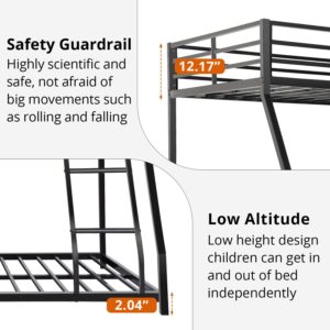 Twin Over Full Size Bunk Bed, Heavy Duty Metal Bunk Bed Frame with Inclined Ladder, Low Floor Bunk Bed for Teens Adults Dorm Bedroom Guest Room, Space Saving & Noise Free, No Box Spring Needed, Black