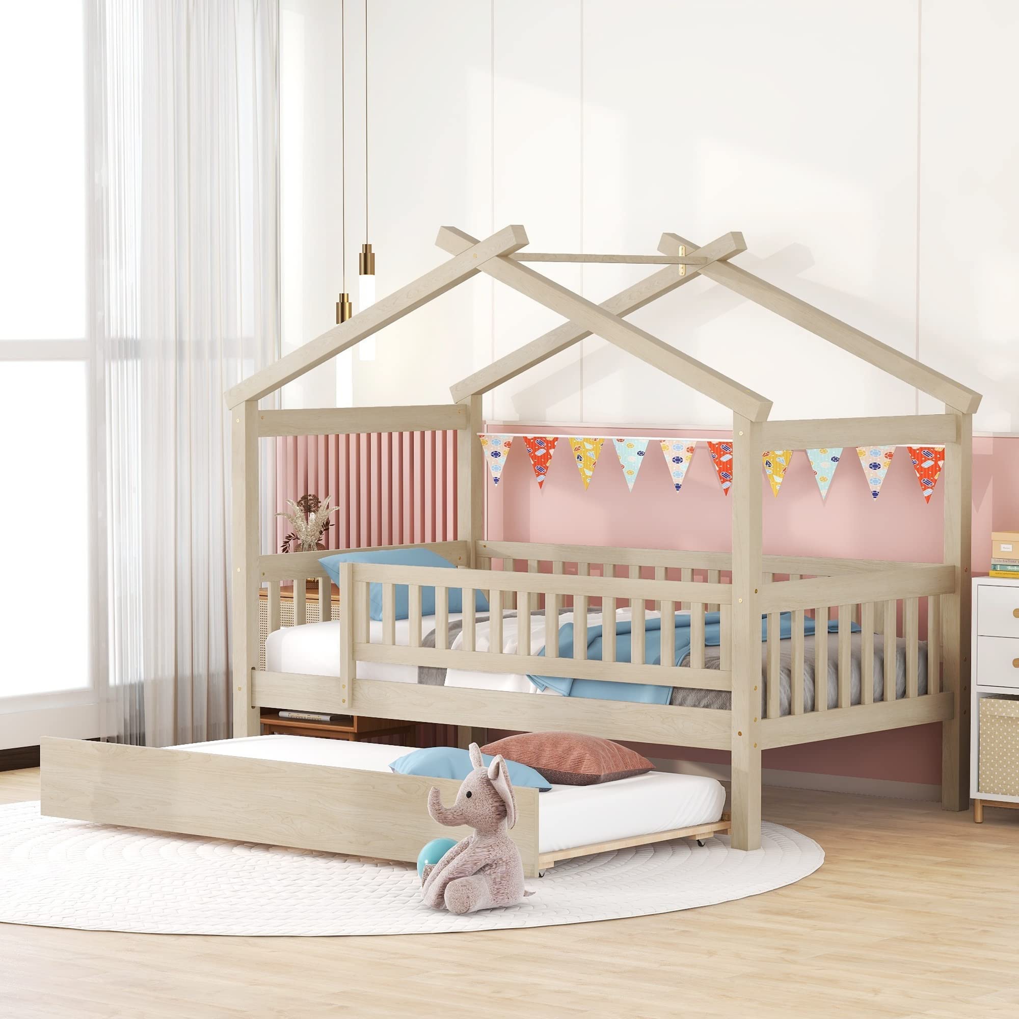 Twin Size House Bed with Trundle, Wooden Playhouse Kids Bed Frame with Roof and Fence, Montessori Style Bed with Guardrails for Kids, Teens, Boys, Girls, Natural.