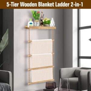 Grenfield Blanket Ladder Wooden 5-Tier, 2-in-1 Towel Racks & Blanket Ladders Quilt Rack Towel Holder Rack Ladder Shelves Decorative Ladder for Living Room Bedroom Bathroom Home Decor