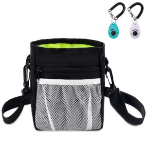 dog clicker training kit, dog training treat pouch and dog clickers, dog treat bag with clicker training for dogs, pet treat bag with waist belt shoulder strap poop bag dispenser - black /w 2 clickers