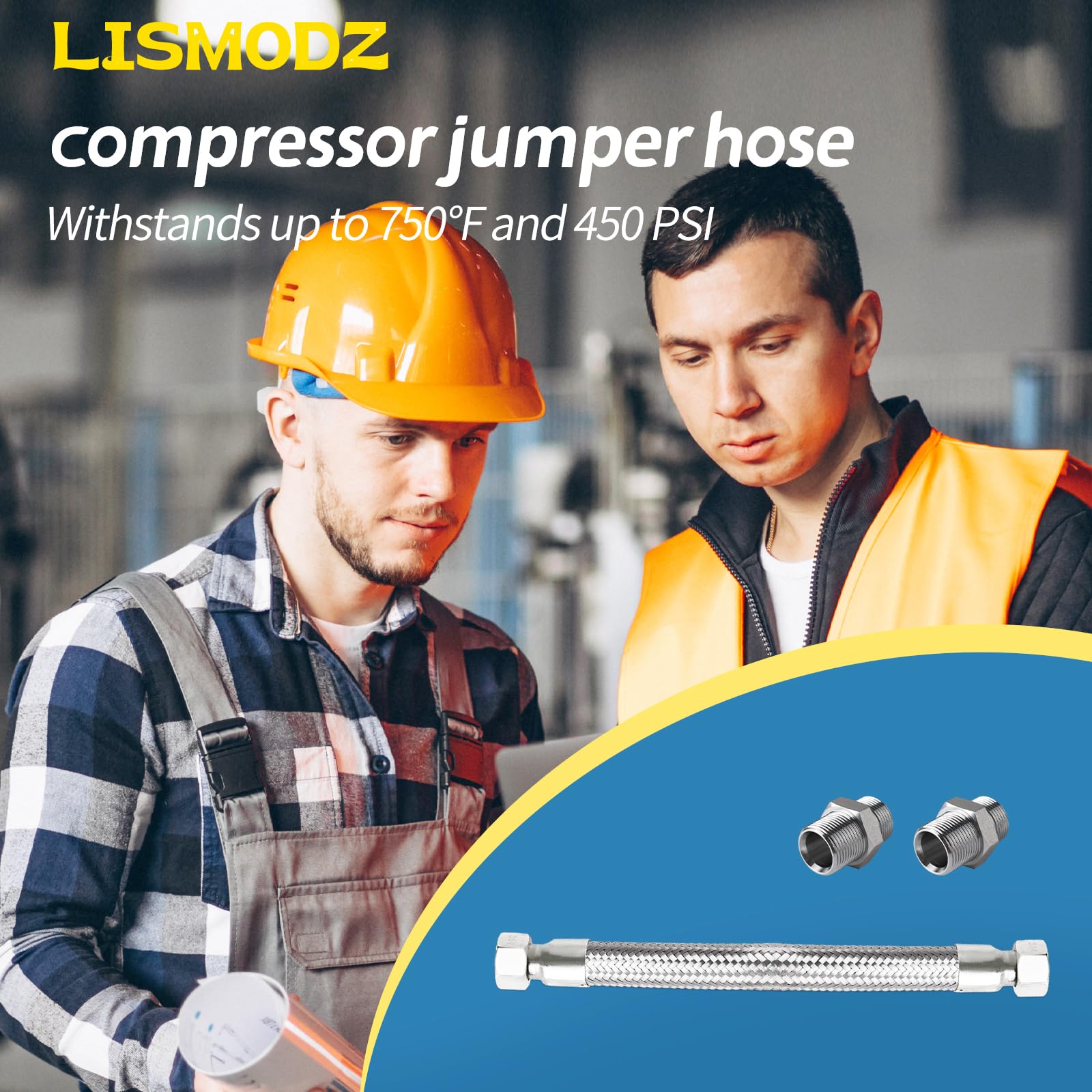 LISMODZ Compressor Jumper Hose, 3/4" NPT Male x 20" Length - Flexible Industrial Grade Stainless Steel Hose with Two 3/4" Adapters, 450 PSI &750°F, Both Sides Fittings Rotate Freely