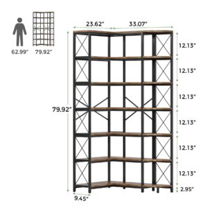 Condemo 7-Shelf Reversible Corner Bookshelf, Modern Industrial Tall Bookcase, 7-Tier Large L-Shaped Storage Shelf Display Rack with Metal Frame for Living Room, Home Office, Bedroom, Rustic Brown