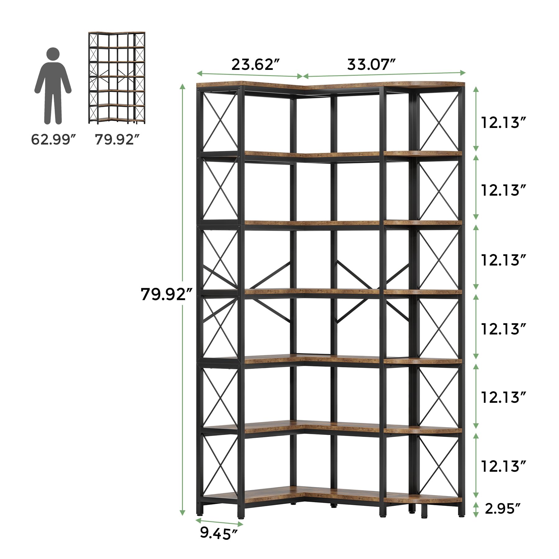 Condemo 7-Shelf Reversible Corner Bookshelf, Modern Industrial Tall Bookcase, 7-Tier Large L-Shaped Storage Shelf Display Rack with Metal Frame for Living Room, Home Office, Bedroom, Rustic Brown