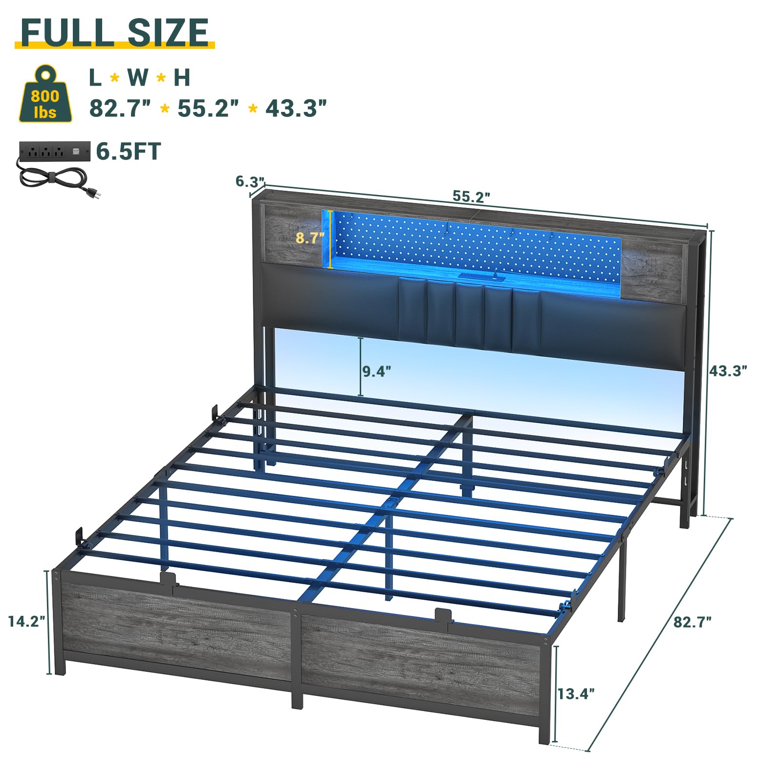 Unikito Full Size Bed Frame with LED Light & Power Outlet, Platform Bed with Upholstered Headboard and Storage, Sturdy Metal Slats Support, No Box Spring Needed, Easy Assembly, Noise-Free, Black Oak