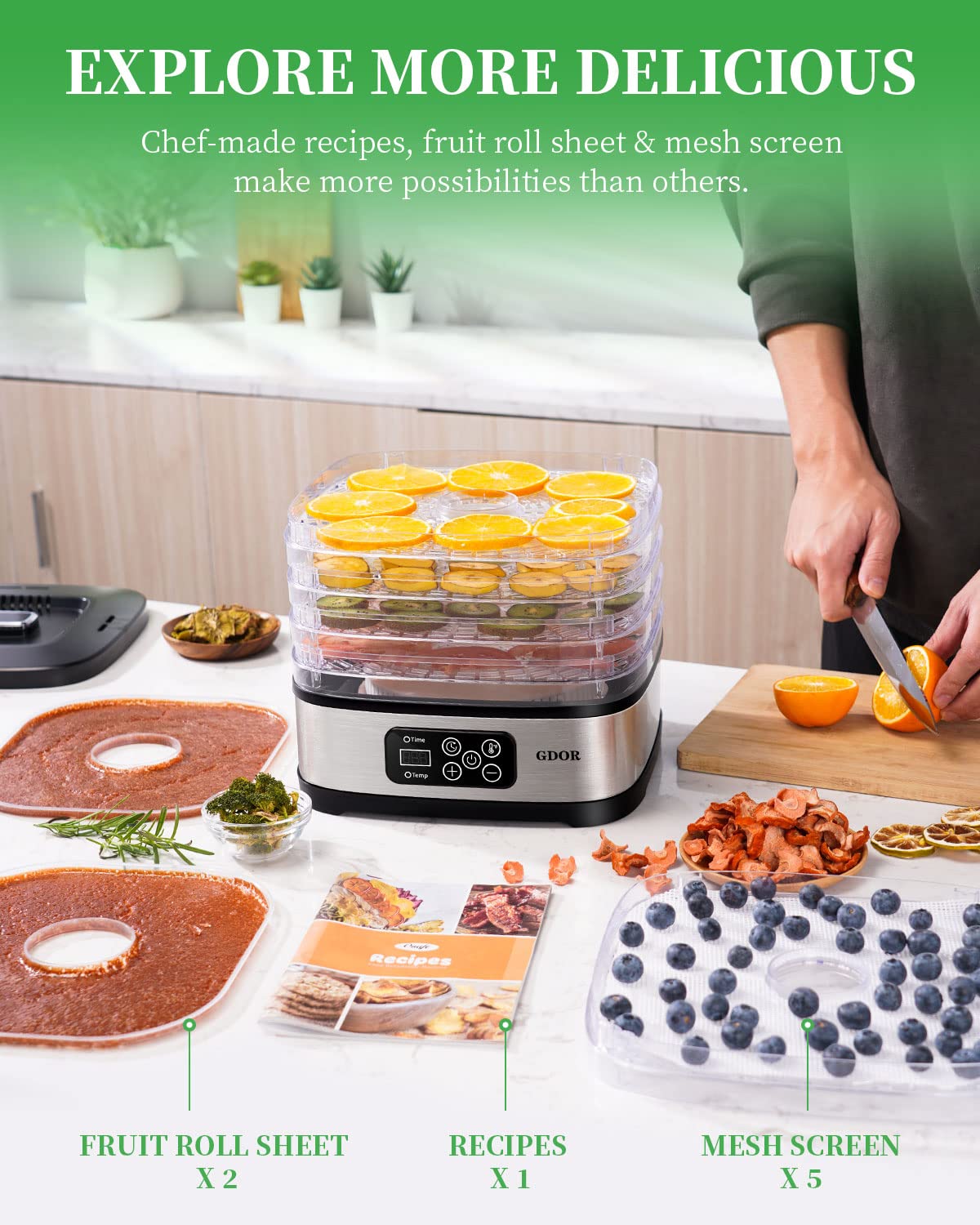 GDOR Food Dehydrator Machine with Adjustable Temperature & 72H Timer, 5-Tray Dehydrators for Food and Jerky, Fruit, Dog Treats, Herbs, Snacks, LED Display, 240W Electric Food Dryer with Recipe Book