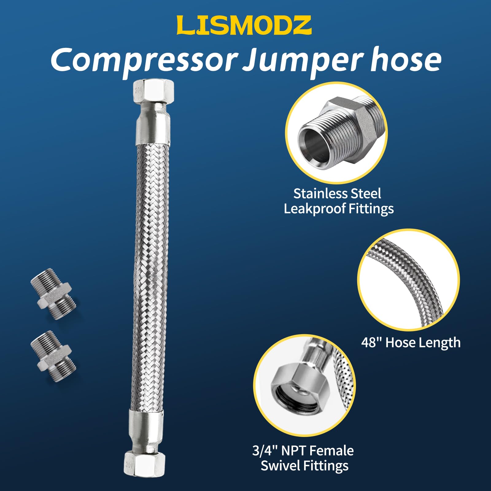 LISMODZ Compressor Jumper Hose, 3/4" NPT Male x 20" Length - Flexible Industrial Grade Stainless Steel Hose with Two 3/4" Adapters, 450 PSI &750°F, Both Sides Fittings Rotate Freely