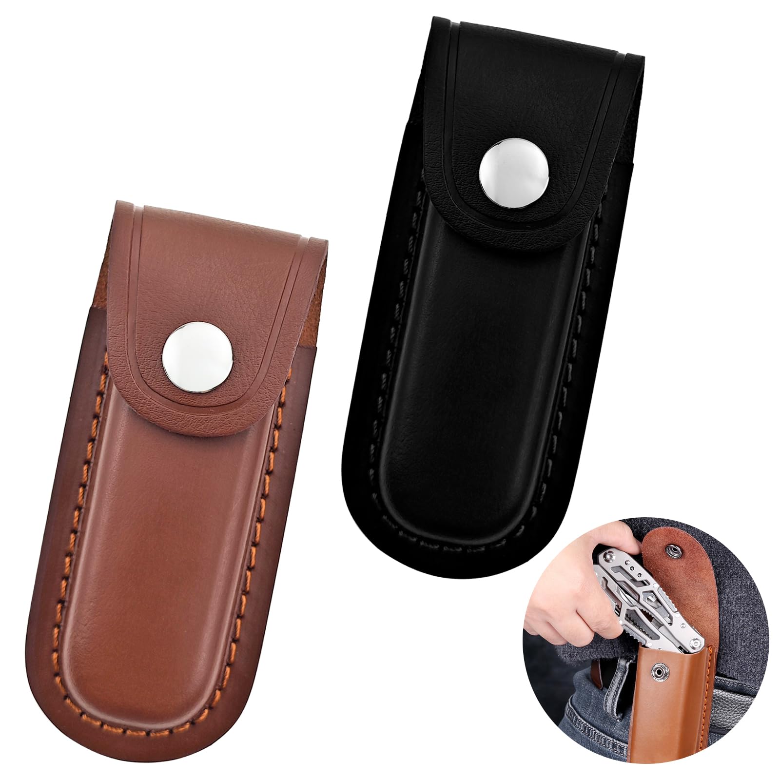 2 Pack Pocket Knife Sheath, Multitool Sheath, Leather Knife Sheath Holster with Belt Loop, Snap Fastener Hunt Holder Pocket for Travel Multi Tool Case Belt Hiking Pouch Holster