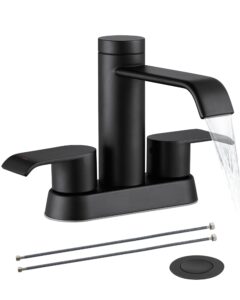 matte black waterfall bathroom sink faucet - heisok 4 inch bathroom faucet with overflow pop up drain & supply hose, stainless steel 2 handles centerset lavatory vanity bath faucet for 2 or 3 hole