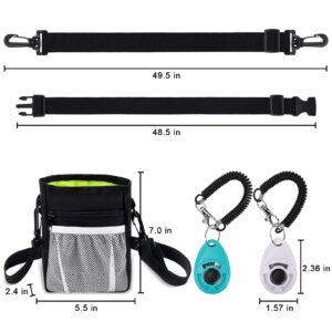 Dog Clicker Training Kit, Dog Training Treat Pouch and Dog Clickers, Dog Treat Bag with Clicker Training for Dogs, Pet Treat Bag with Waist Belt Shoulder Strap Poop Bag Dispenser - Black /w 2 Clickers