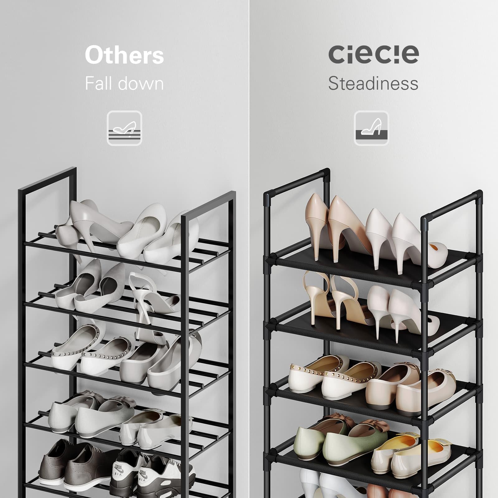 ciecie Shoe Rack, Shoe Organizer, 10 Tiers Non-Woven Fabric Shoe Shelves, Sturdy Shoe Rack for Closet, Garage & Corridor, Tall Shoe Rack for Entryway,11" D x 17.7" W x 68" H-Black