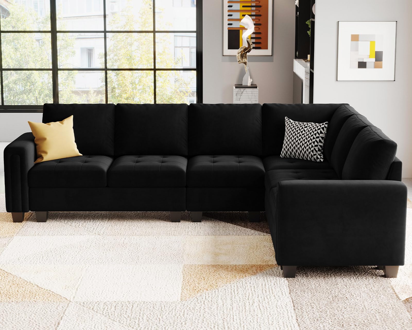 Belffin Velvet Modular L Shape Sectional Sofa Couch with Chaise Reversible Corner Convertible Sectional Sofa Couch Black