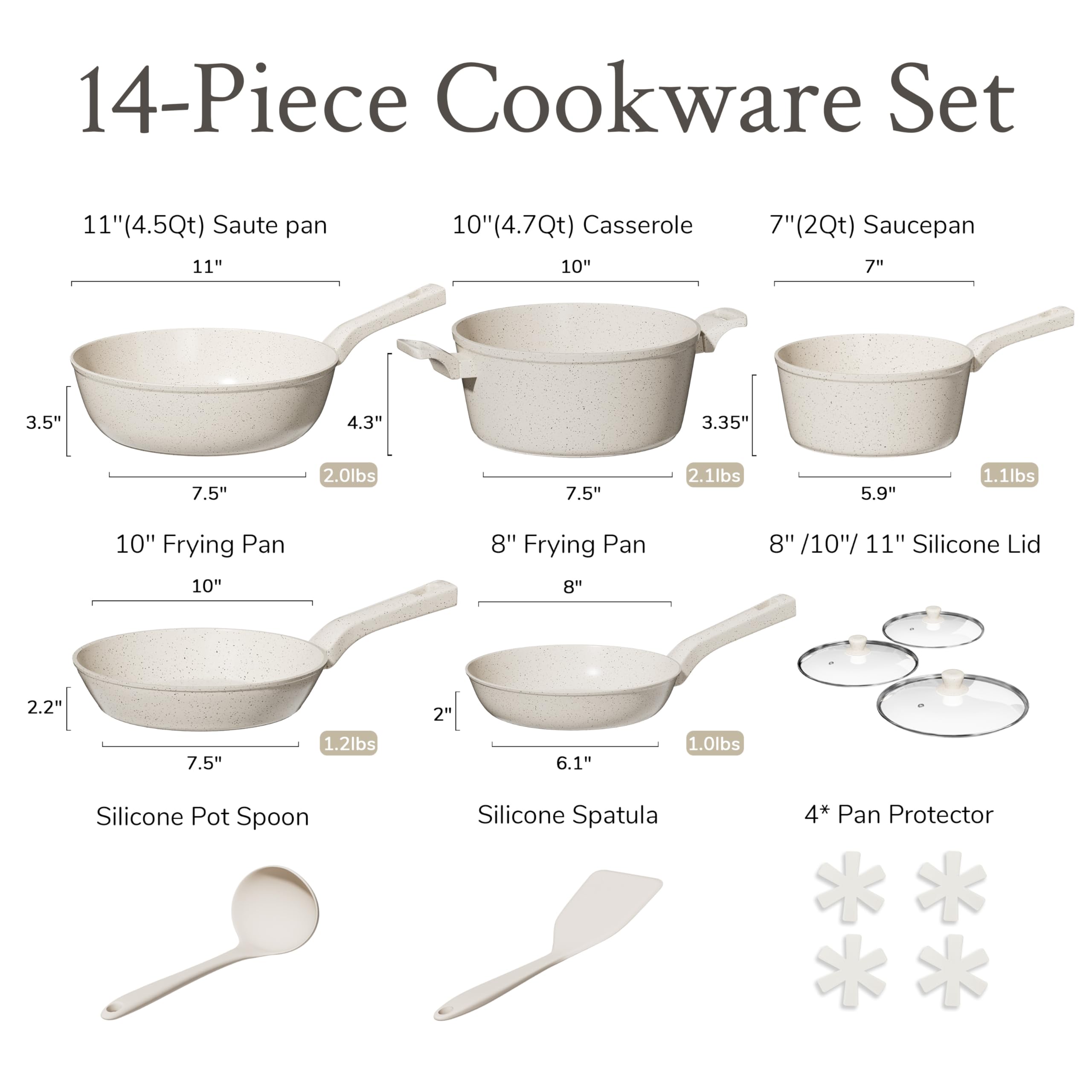 Kilay 14pcs Pots and Pans Set, Nonstick Cookware Sets, White Granite Induction Kitchen Cooking Set with Frying Pans & Saucepans