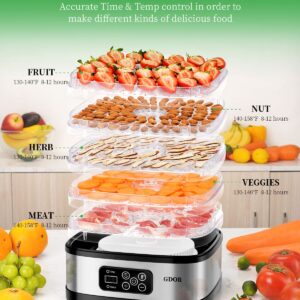 GDOR Food Dehydrator Machine with Adjustable Temperature & 72H Timer, 5-Tray Dehydrators for Food and Jerky, Fruit, Dog Treats, Herbs, Snacks, LED Display, 240W Electric Food Dryer with Recipe Book