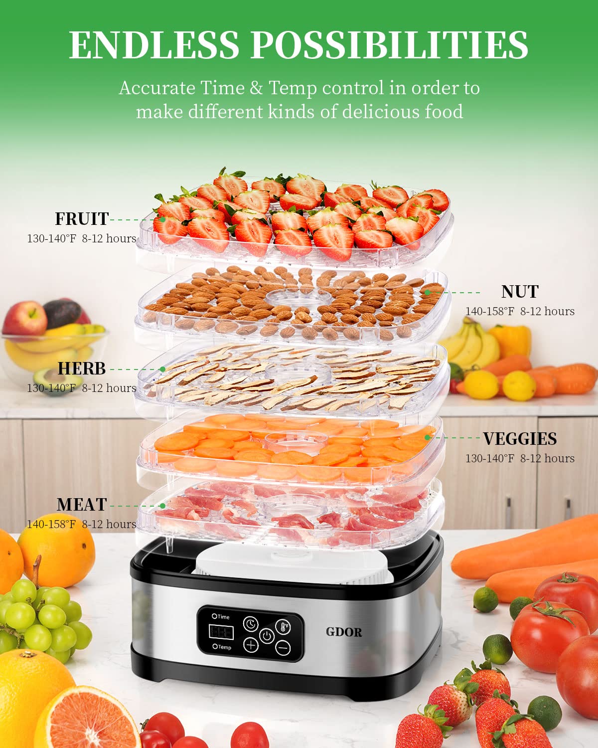 GDOR Food Dehydrator Machine with Adjustable Temperature & 72H Timer, 5-Tray Dehydrators for Food and Jerky, Fruit, Dog Treats, Herbs, Snacks, LED Display, 240W Electric Food Dryer with Recipe Book