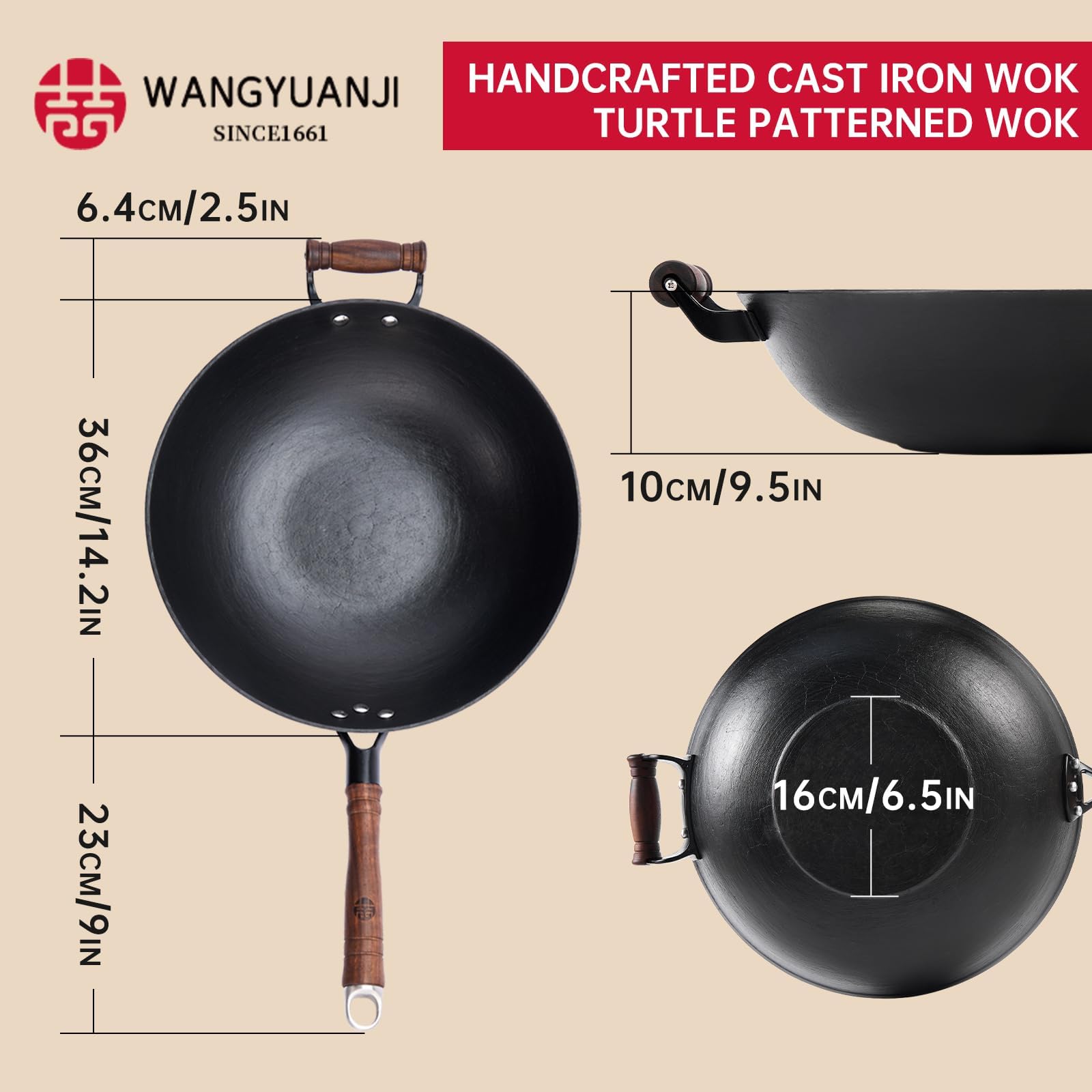 WANGYUANJI Cast Iron Wok,14.1'' Flat Bottom Wok with Glass Lid,Suitable for All Cooktops, Uncoated Craft Wok Healthy Cooking Wok