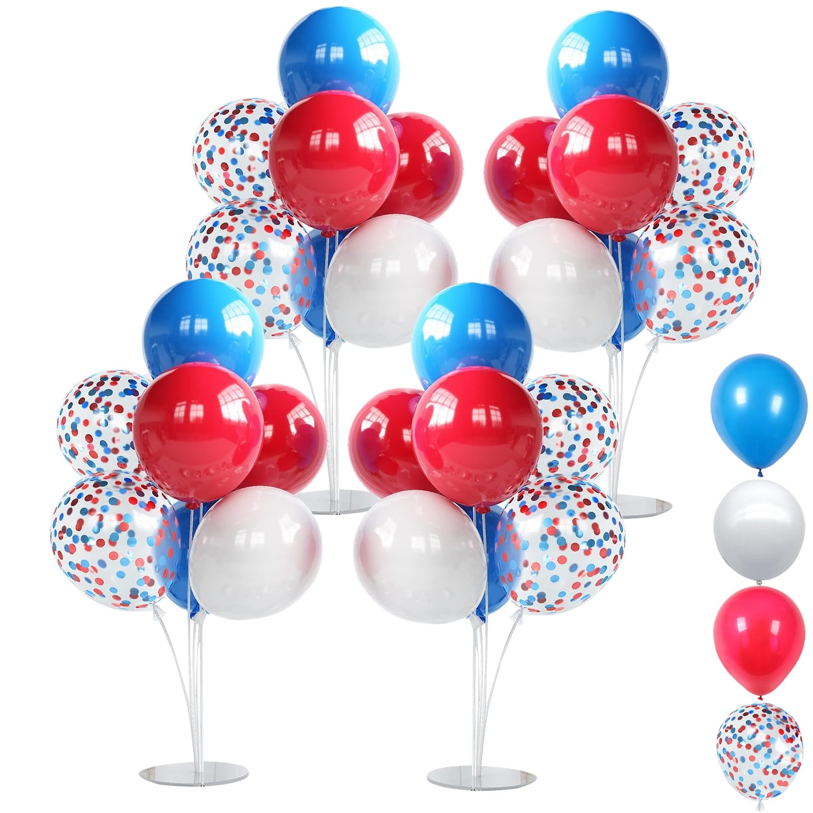 Blue and Red Balloon Stands Centerpieces 4 Set 28" Balloon Stands for Table with 30 Pcs Blue Red White Metallic Confetti latex balloons for Birthday Party Graduation Wedding Balloons Decorations