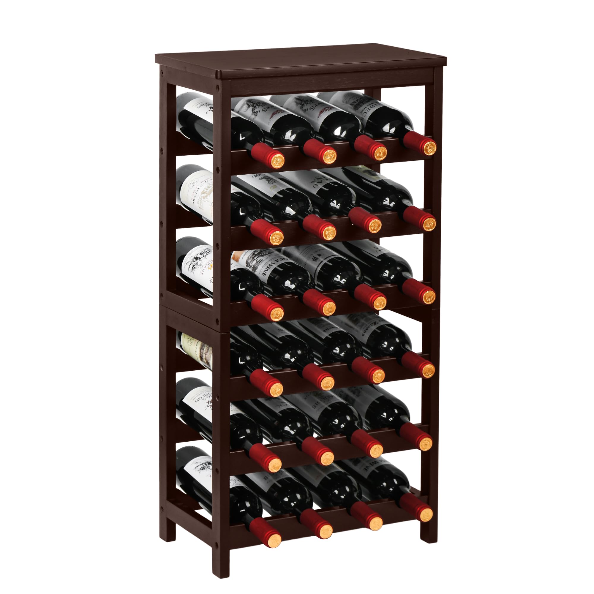 VASMIA Wine Rack Free Standing Floor, 6-Tier Display Wine Storage Shelves with Table Top, 24-Bottle Bamboo Wine Rack Shelf for Kitchen Bar Dining Room Living Room, Brown