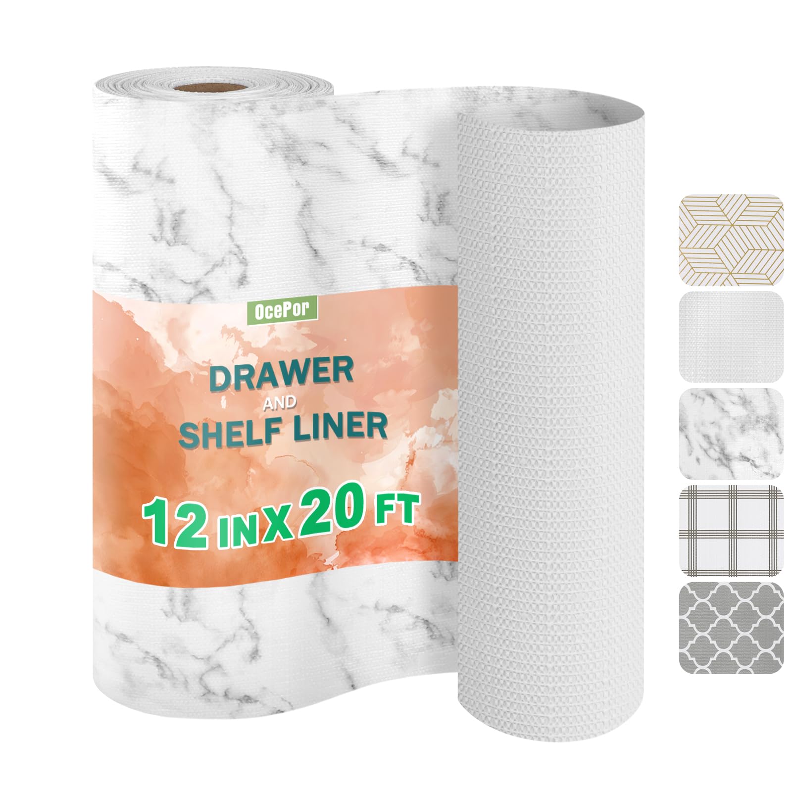 Non-Adhesive Drawer and Shelf Liner 12IN x 20FT，Non Slip Cabinet and Cupboard Liner, Kitchen Cabinet Liners for Shelves, Waterproof Drawer Shelf Liners for Cabinets/Bathroom Cupboard, Marble Pattern