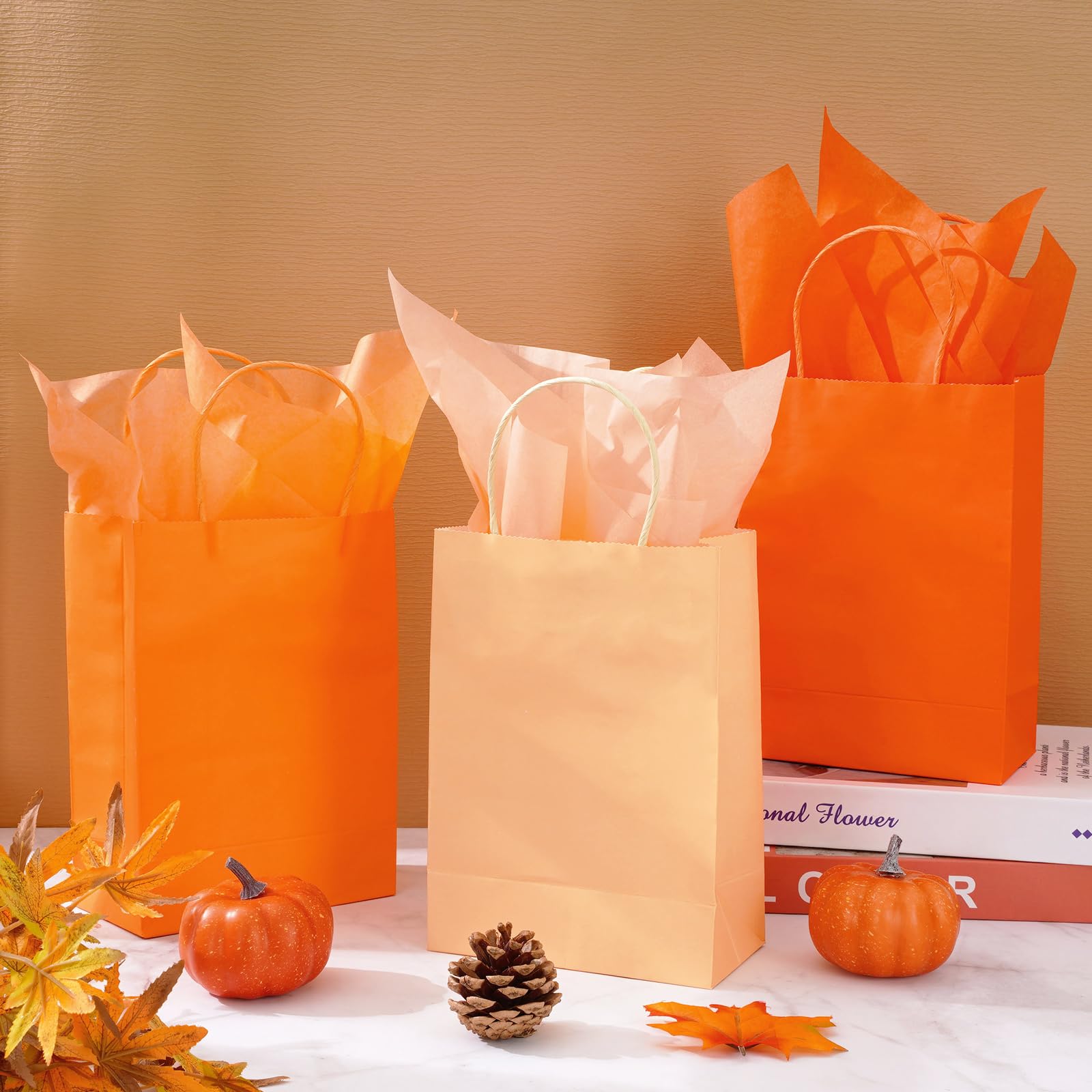 Whaline 36Pcs Orange Party Favor Bags Paper Gift Bags Bulk with Handles Autum Fall Thanksgiving Grocery Shopping Treat Bags for Holiday Wedding Birthday Party DIY Crafts Supplies