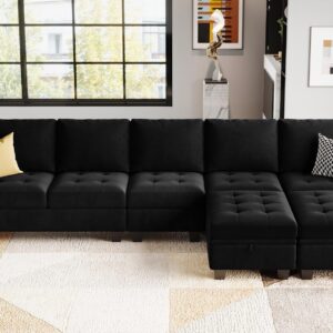 Belffin Large Velvet L Shaped Sectional Sofa Couch with Reversible Double Chaises Modular Sectional Sofa Couch with Storage Ottomans Convertible Sectional Sofa Black