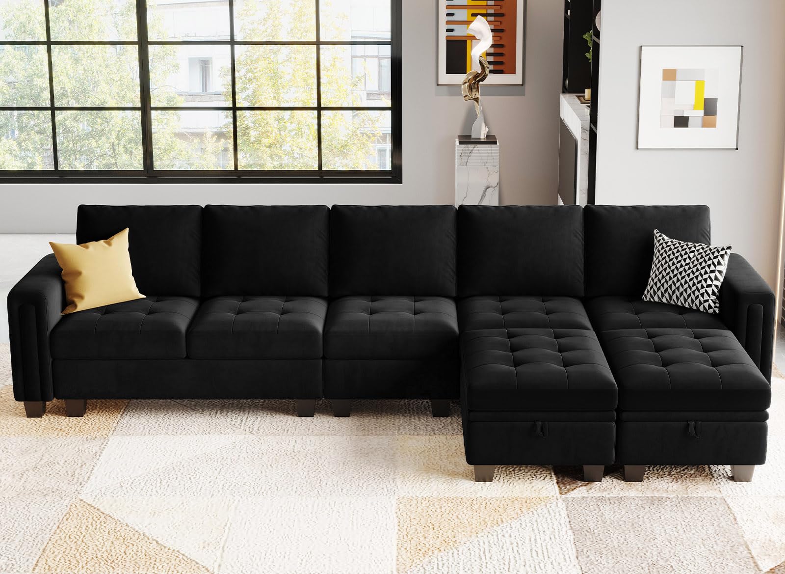 Belffin Large Velvet L Shaped Sectional Sofa Couch with Reversible Double Chaises Modular Sectional Sofa Couch with Storage Ottomans Convertible Sectional Sofa Black