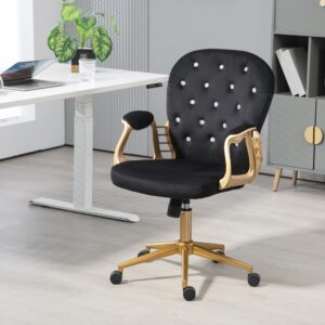 cayglow Velvet Home Office Desk Chair Comfy with Gold Base, Comfortable Swivel Makeup Chairs for Vanity with Back and Wheels, Button Tufted Armchair Rolling Chair for Girls Women Study Bedroom, Black